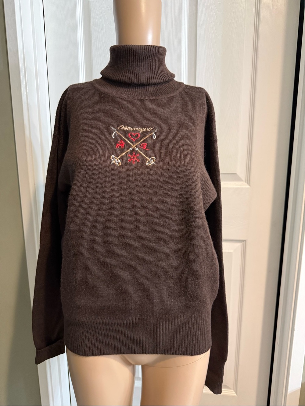 Vintage Obermeyer Retro Ski Sweater S Embroidered Wool Blend Brown Turtleneck